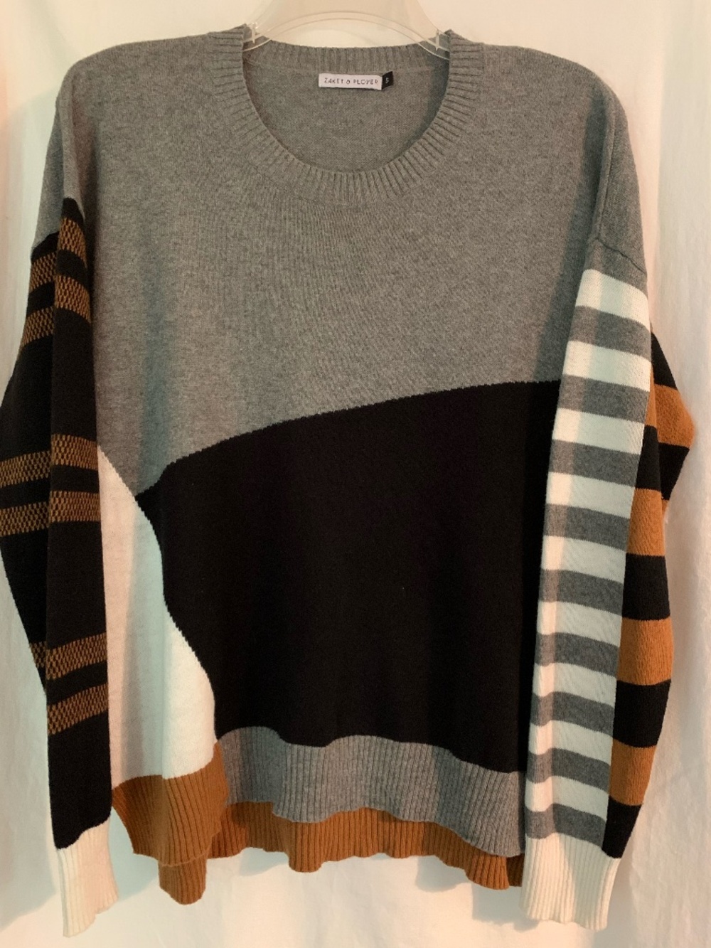 Zaket & Plover gray color block sweater with multi pattern sleeves